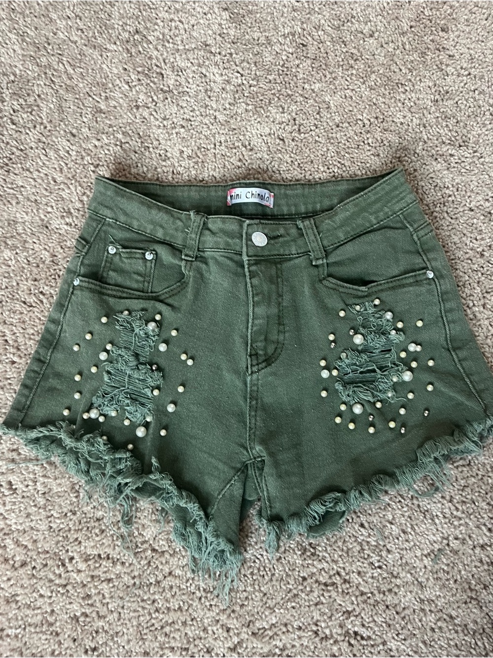High-Waist Olive Green Pearl-Embellished Womens Shorts